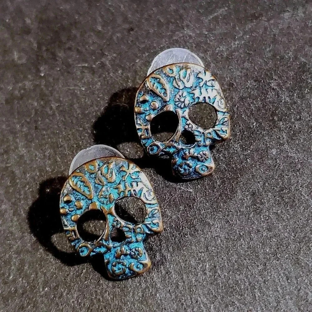 Antique Copper Verdigris Blue Green Patina Textured Skull Stud Earrings